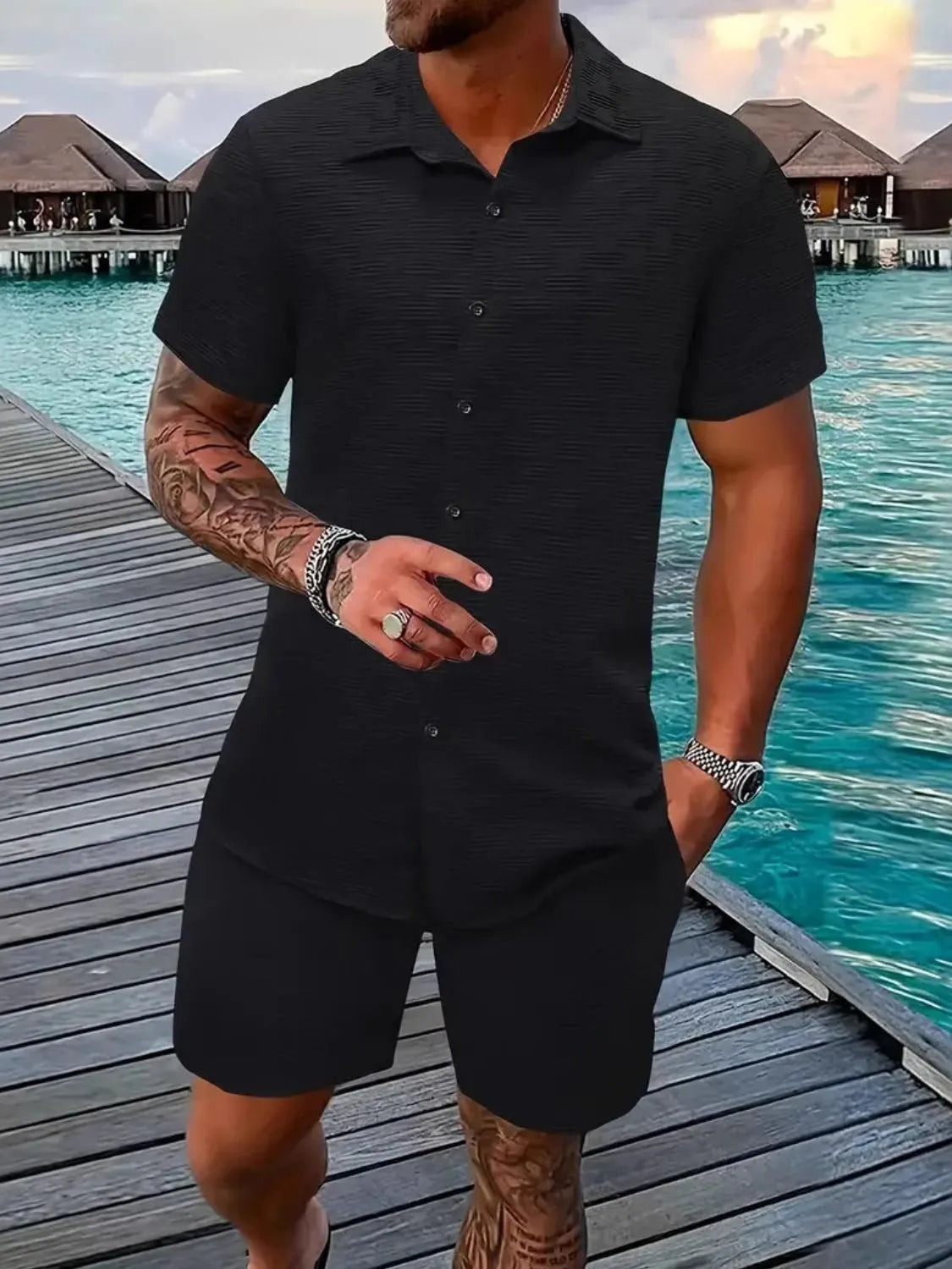 Men's Collared Neck Short Sleeve Top and Shorts Set Black / S