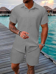 Men's Collared Neck Short Sleeve Top and Shorts Set Dark Gray / S