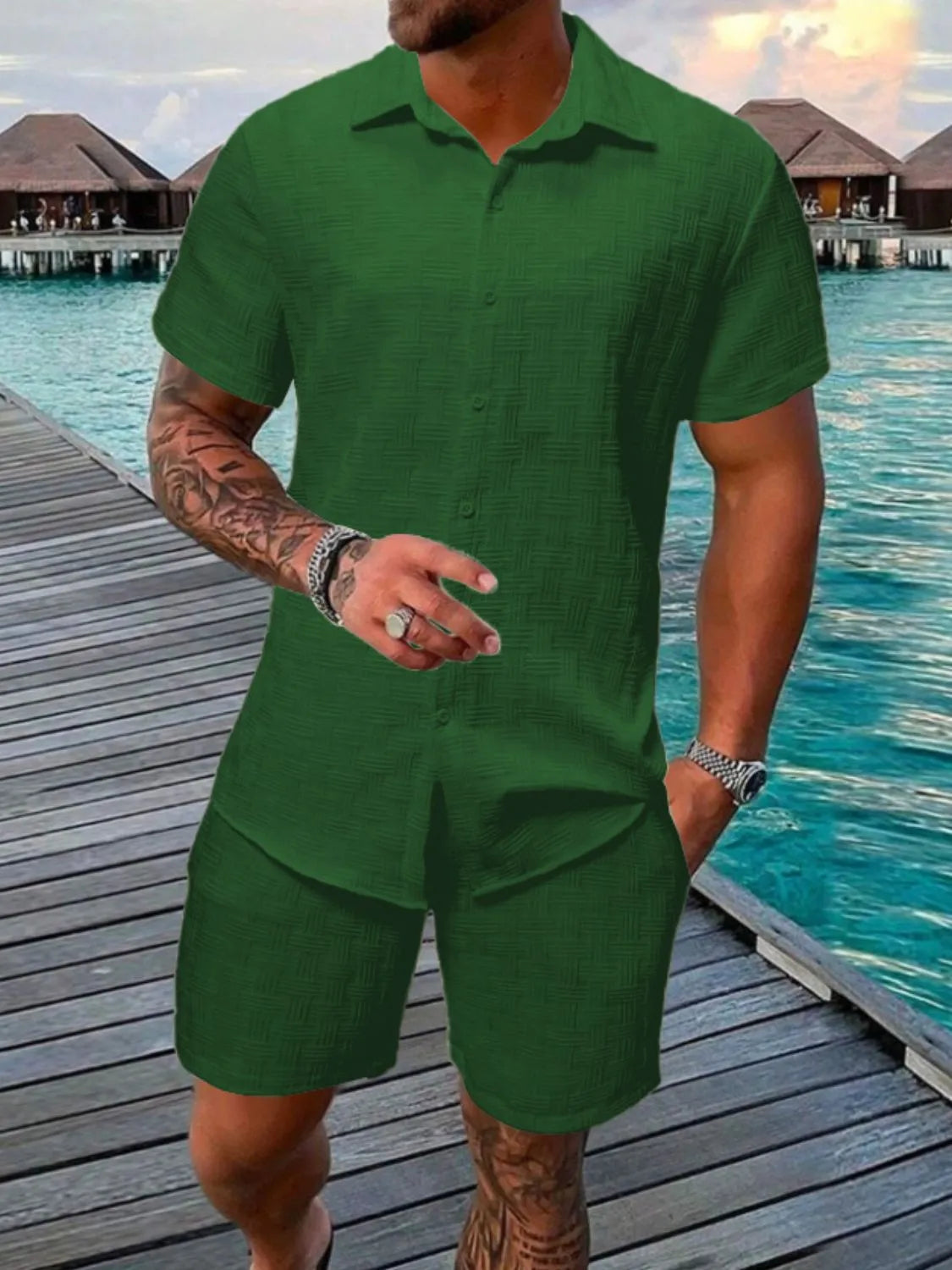 Men's Collared Neck Short Sleeve Top and Shorts Set Dark Green / S
