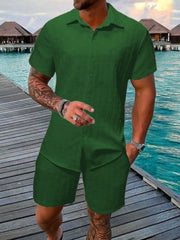 Men's Collared Neck Short Sleeve Top and Shorts Set Dark Green / S