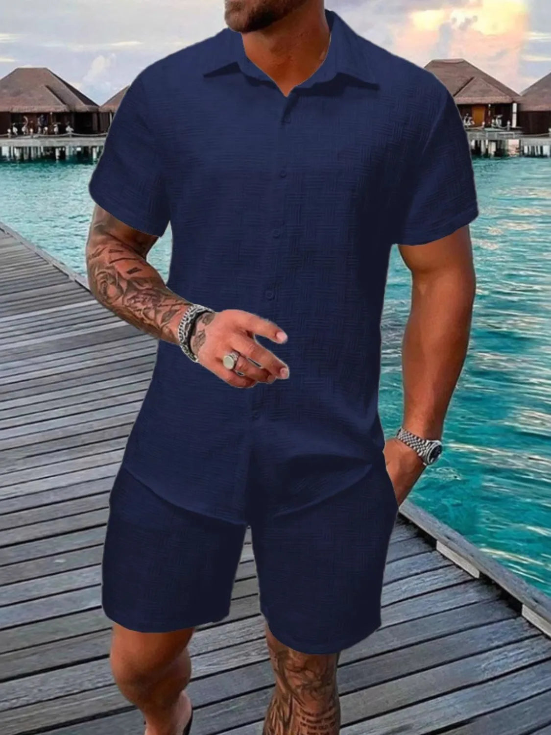 Men's Collared Neck Short Sleeve Top and Shorts Set Navy / S