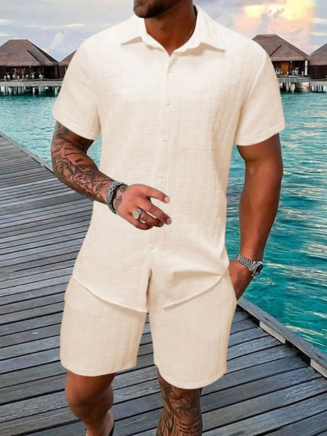 Men's Collared Neck Short Sleeve Top and Shorts Set Tan / S