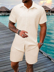 Men's Collared Neck Short Sleeve Top and Shorts Set Tan / S
