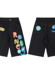 Men's Colorful Letter Graphic Bermuda Denim Shorts