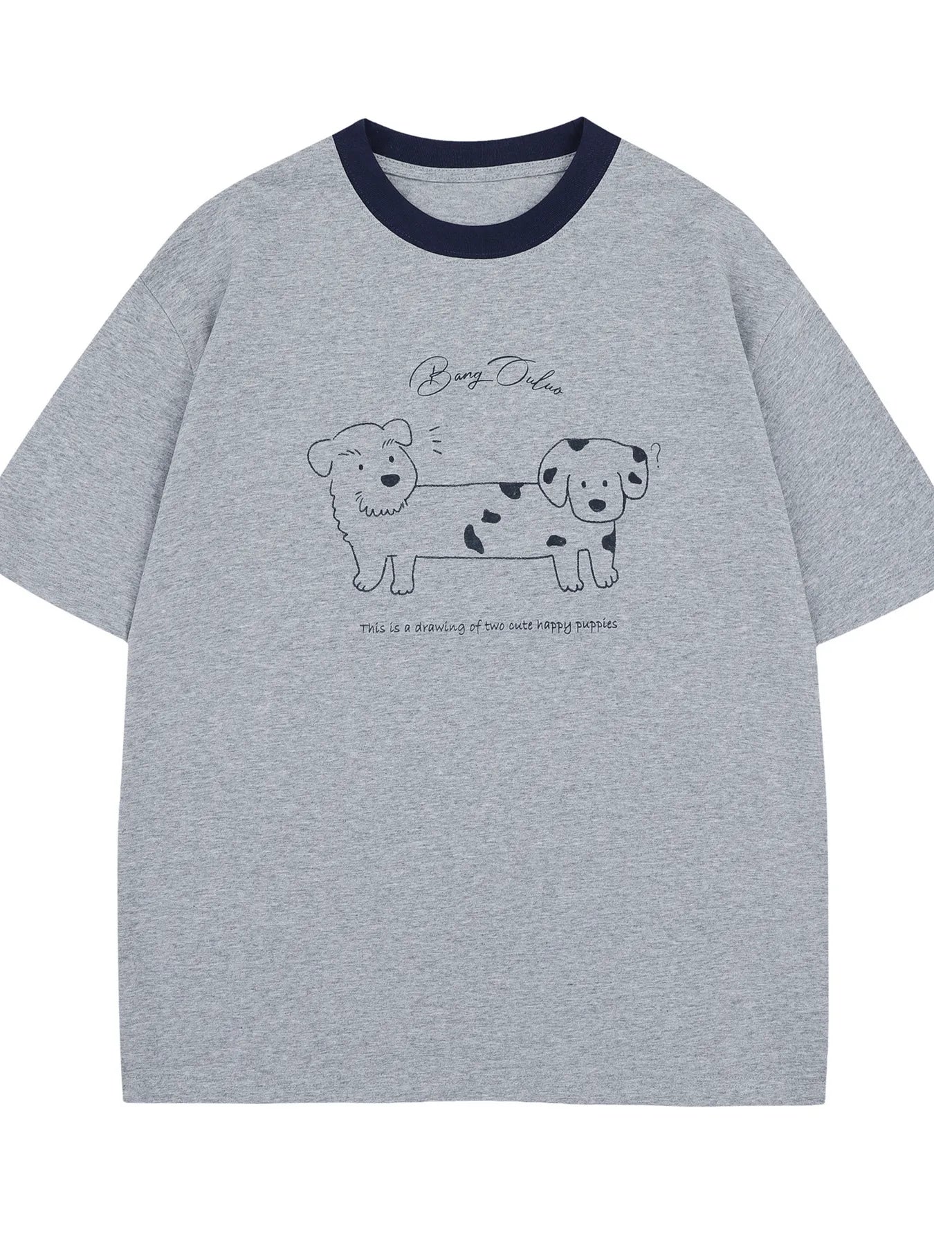 Men's Cute Cartoon Dogs Graphic Round Neck T-Shirt Gray / S
