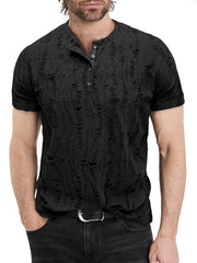 Men's Distressed Henley Short Sleeve Top Black / S