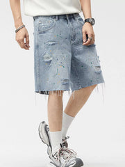 Men's Distressed Paint Splatter Denim Shorts