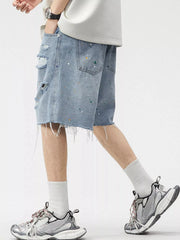 Men's Distressed Paint Splatter Denim Shorts