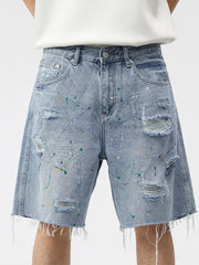 Men's Distressed Paint Splatter Denim Shorts
