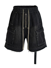 Men's Drawstring Cargo Denim Shorts with Zipper Detail