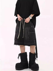 Men's Drawstring Cargo Denim Shorts with Zipper Detail