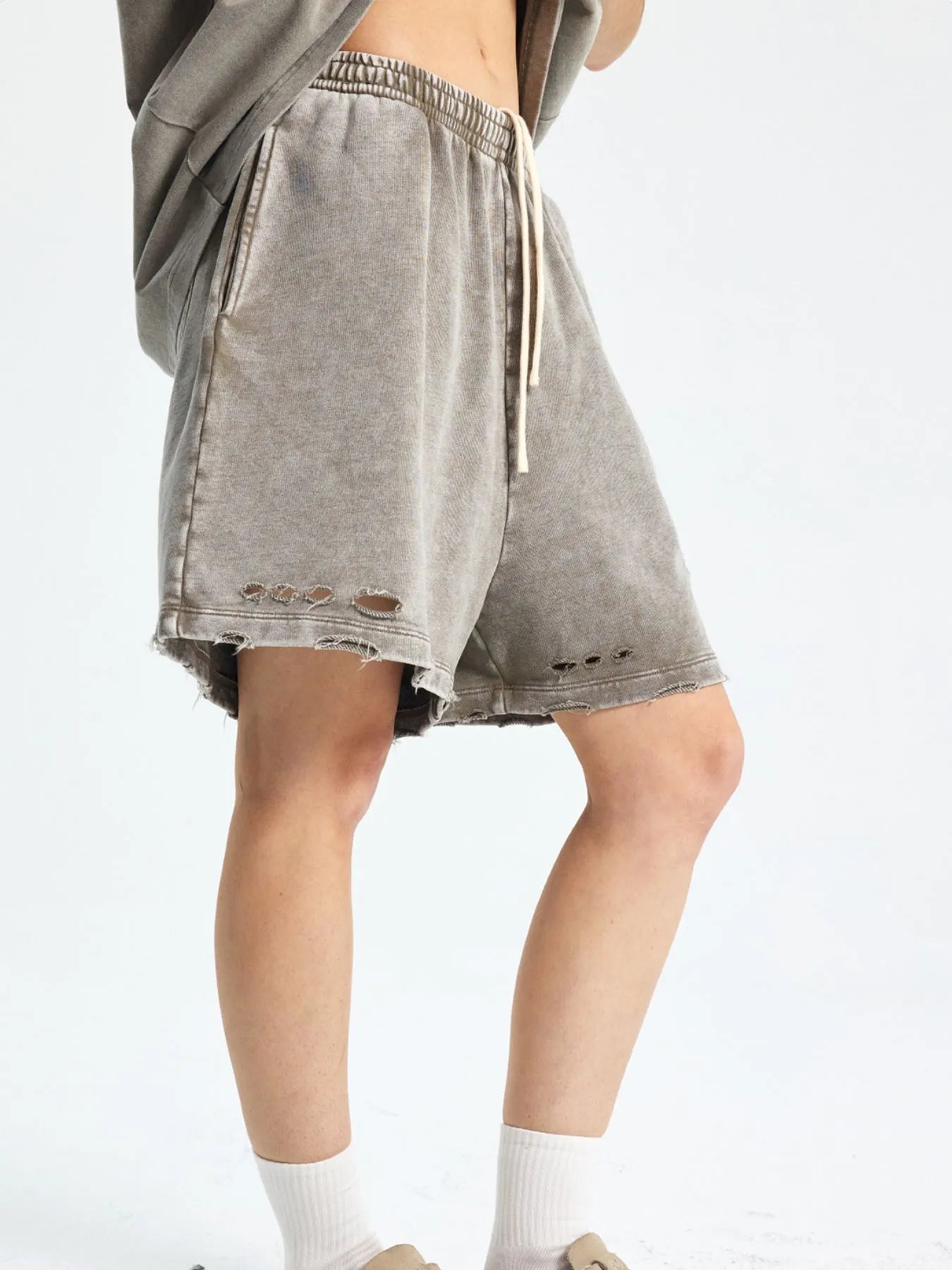 Men's Drawstring Pocketed Shorts Wax Dyed Gray Green / S