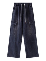 Men's Drawstring Wide Leg Cargo Jeans Black / M