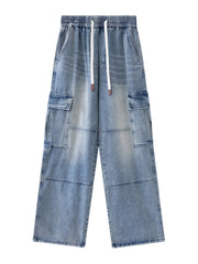 Men's Drawstring Wide Leg Cargo Jeans Blue / M