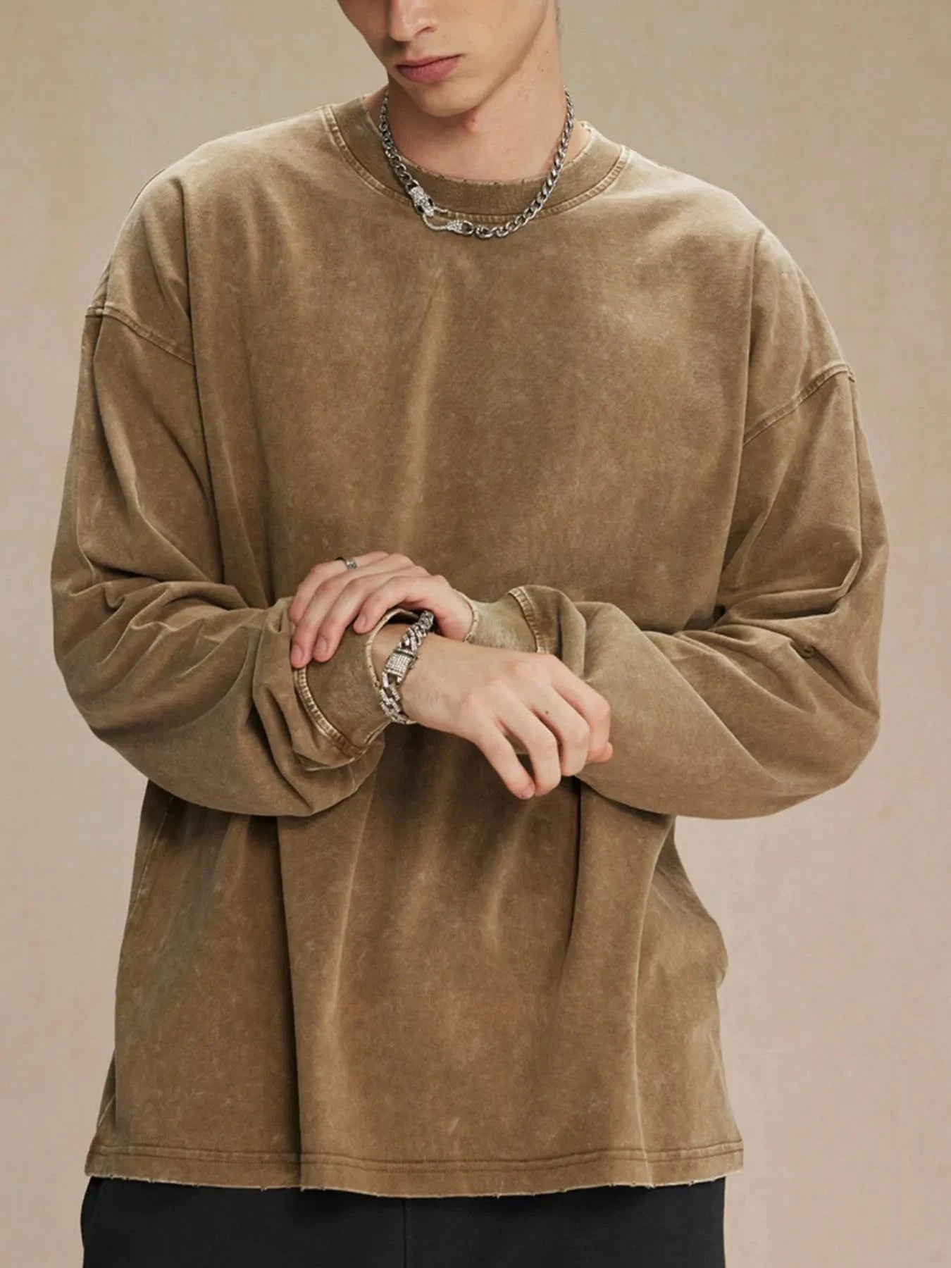 Men's Drop Shoulder Long Sleeve T-Shirt Camel / S