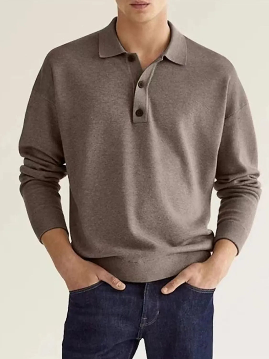 Men's Full Size Button Detail Long Sleeve Polo Plus Size Mocha / S