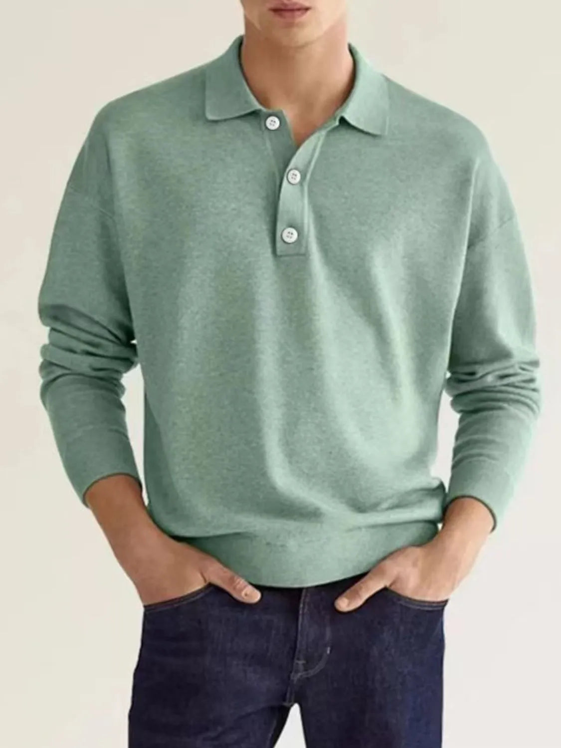 Men's Full Size Button Detail Long Sleeve Polo Plus Size Sage / S