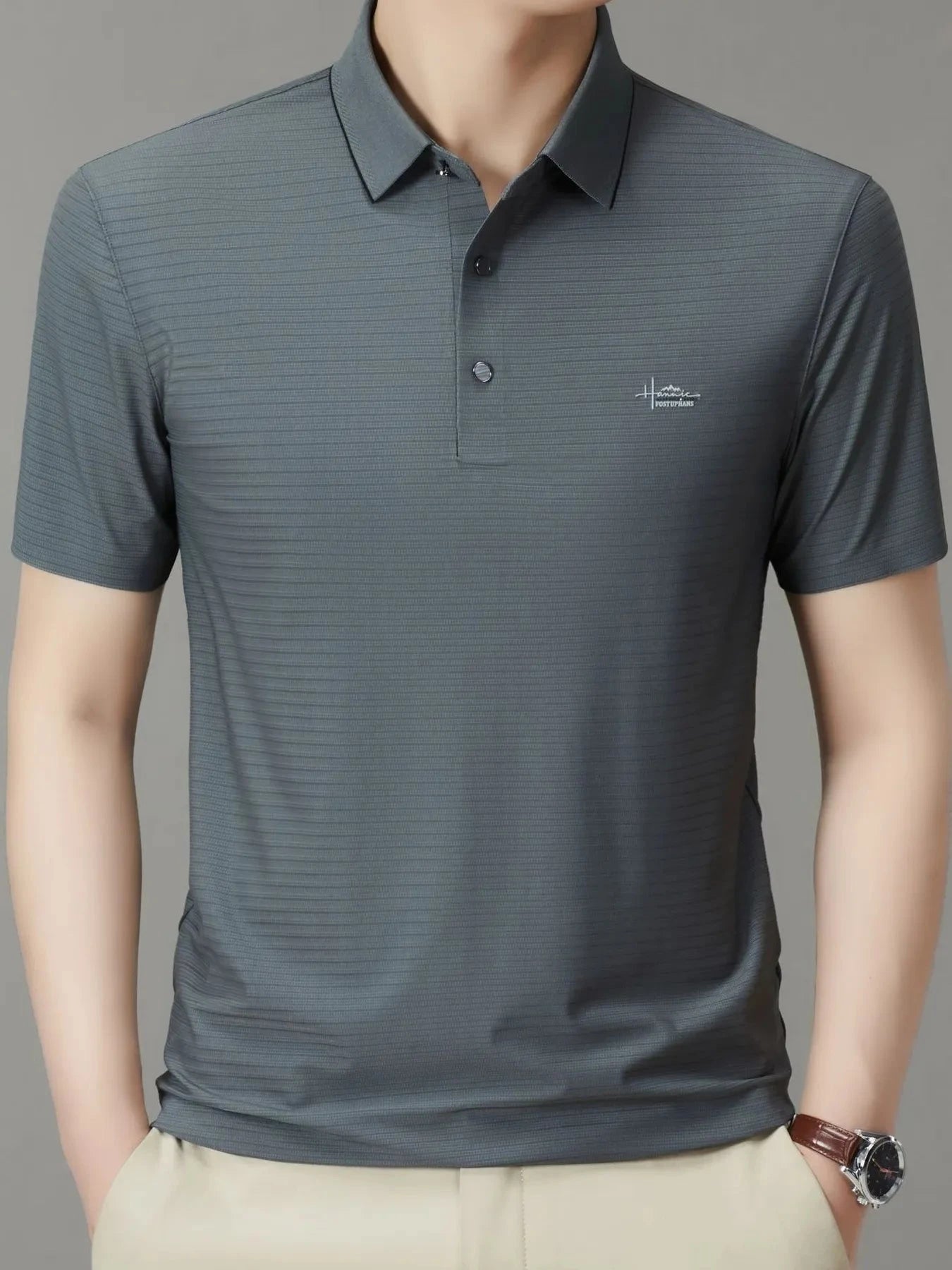 Men's Full Size Button Detail Short Sleeve Polo Plus Size Grey / S