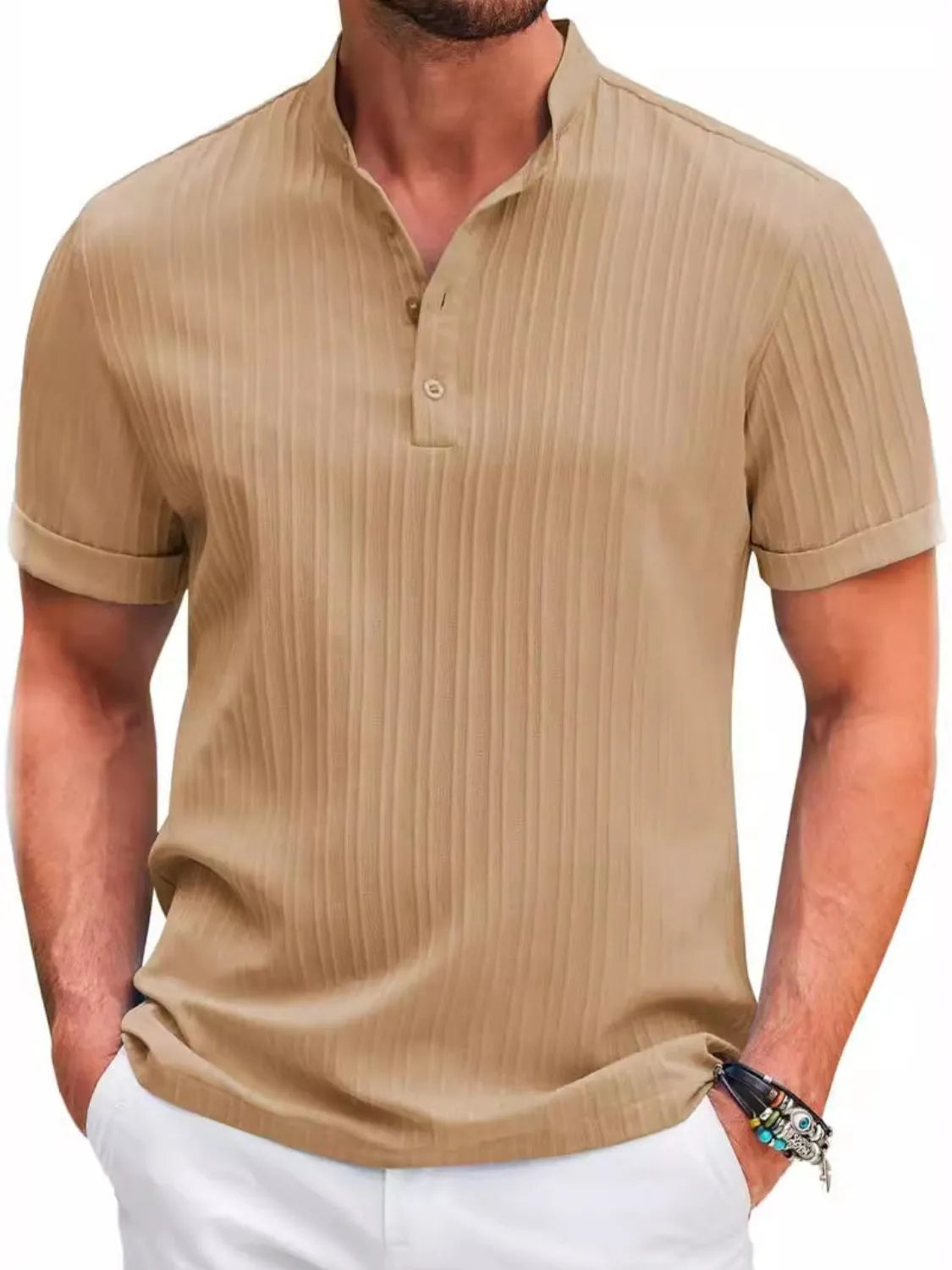 Men's Full Size Button Detail Short Sleeve Polo Plus Size Khaki / S