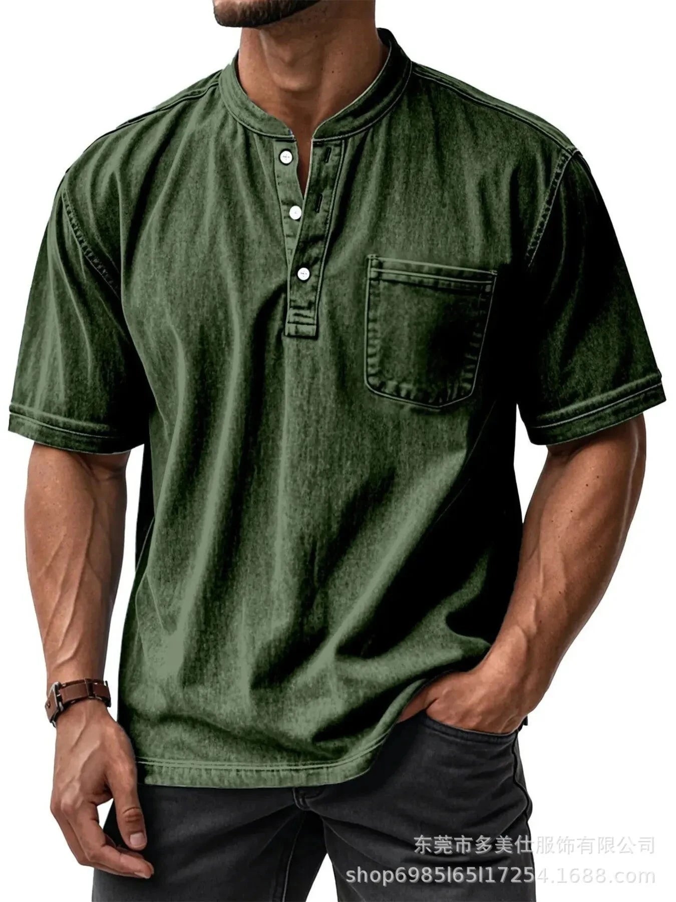 Men's Full Size Button Detail Short Sleeve Top Plus Size Army Green / S