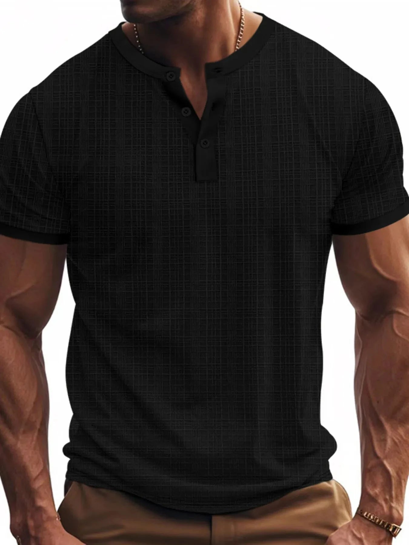Men's Full Size Button Detail Short Sleeve Top Plus Size Black / S