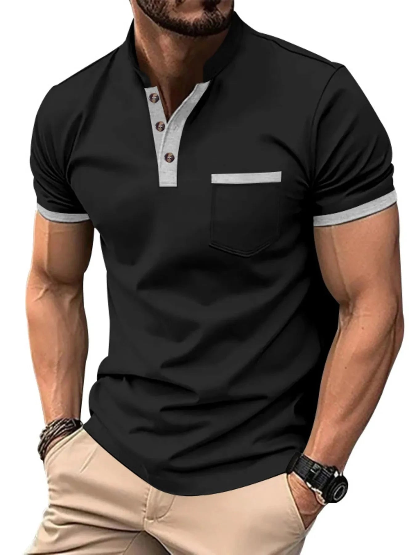 Men's Full Size Button Detail Short Sleeve Top Plus Size Black / S
