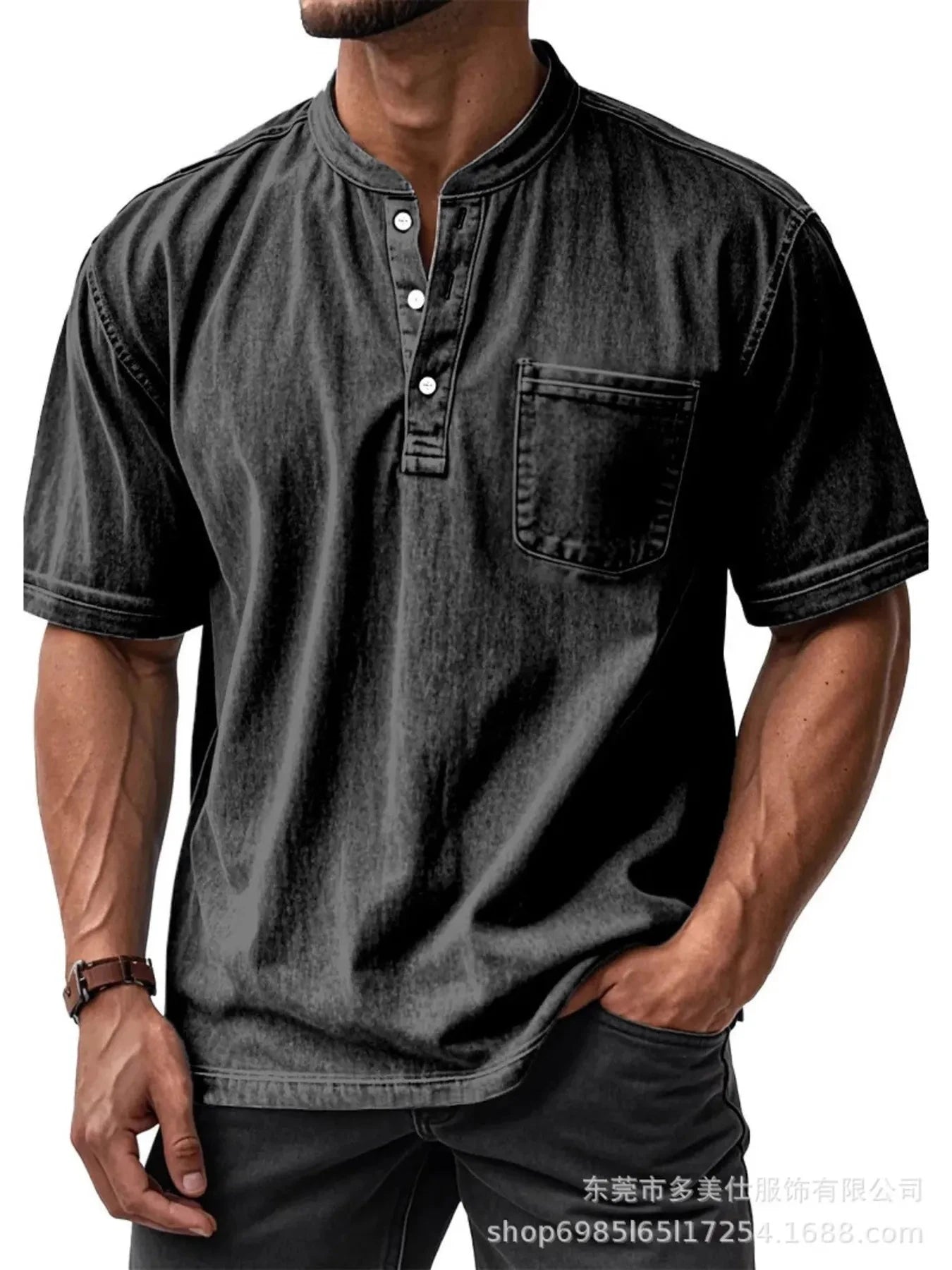 Men's Full Size Button Detail Short Sleeve Top Plus Size Black / S