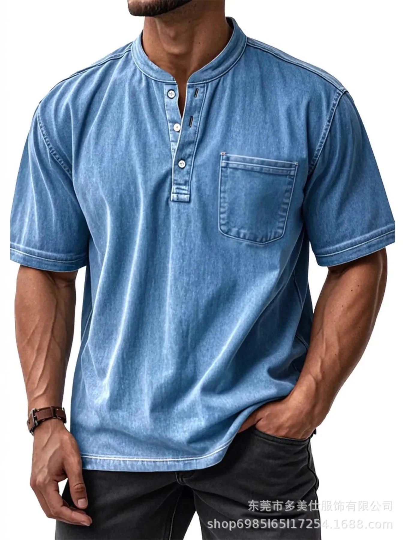 Men's Full Size Button Detail Short Sleeve Top Plus Size Blue / S