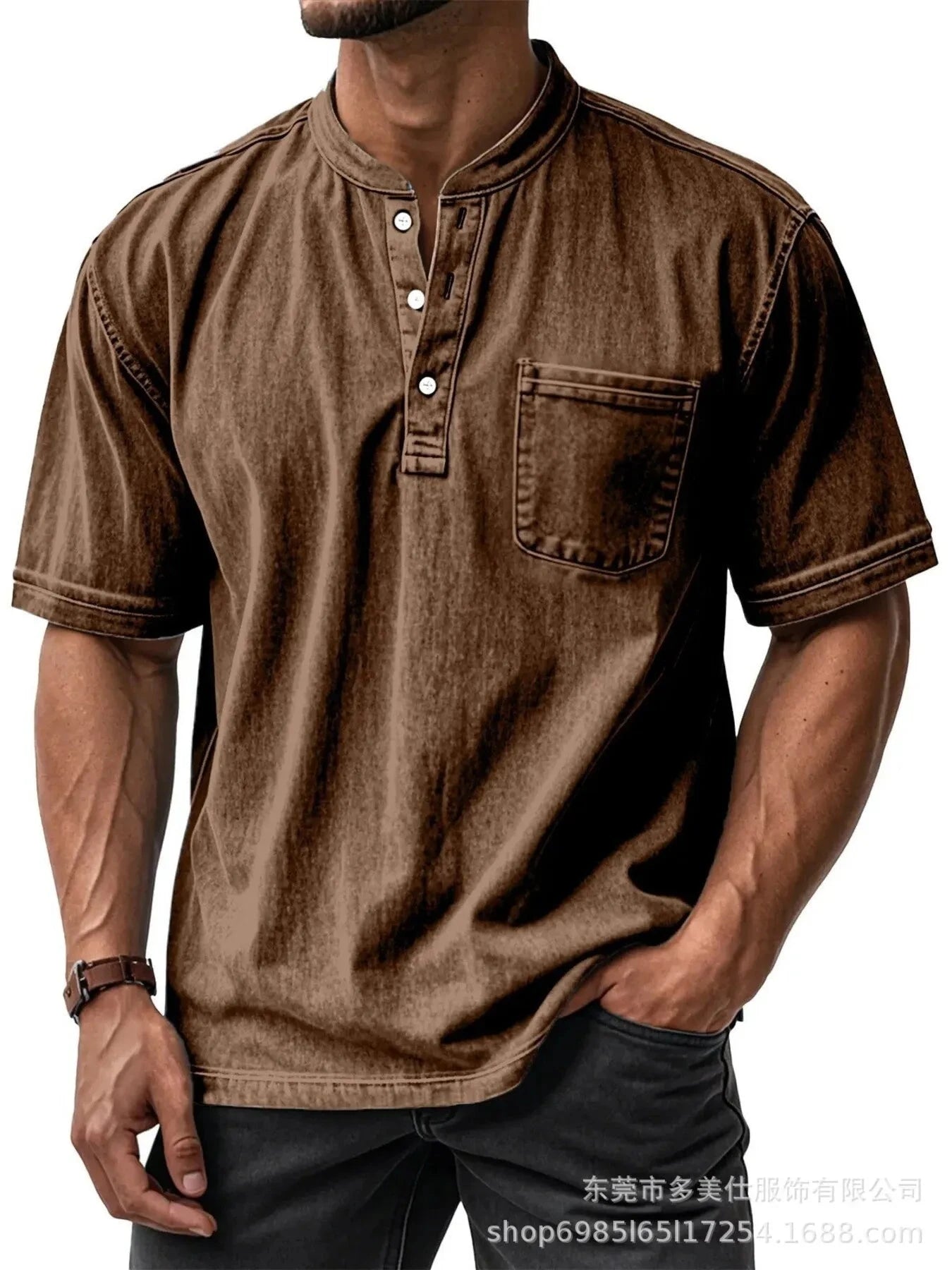 Men's Full Size Button Detail Short Sleeve Top Plus Size Brown / S