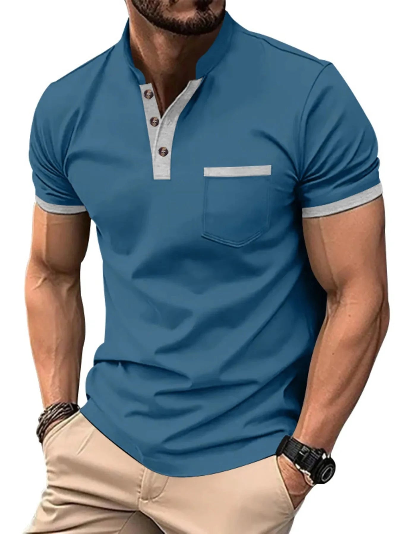 Men's Full Size Button Detail Short Sleeve Top Plus Size Denim Blue / S