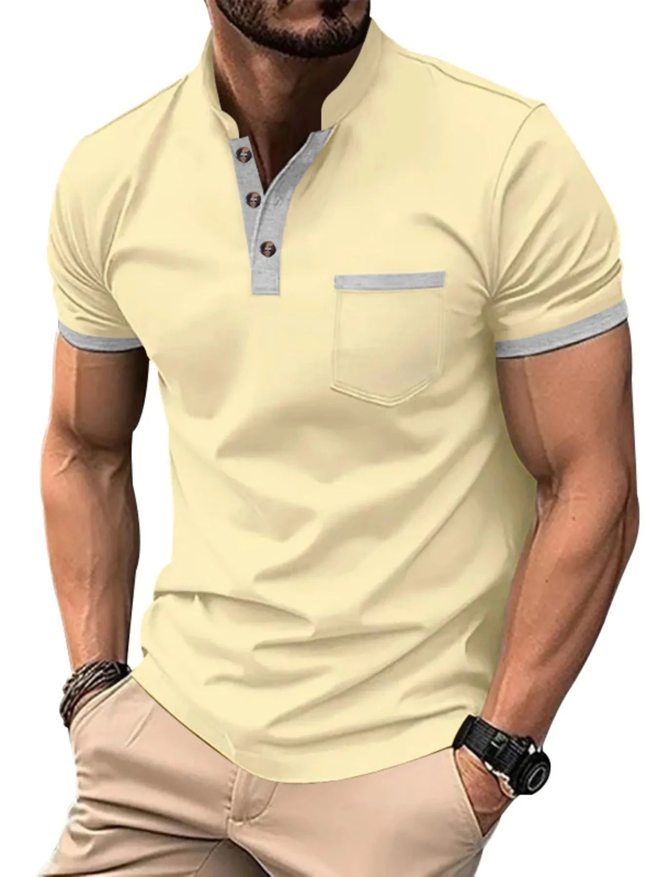 Men's Full Size Button Detail Short Sleeve Top Plus Size Khaki / S