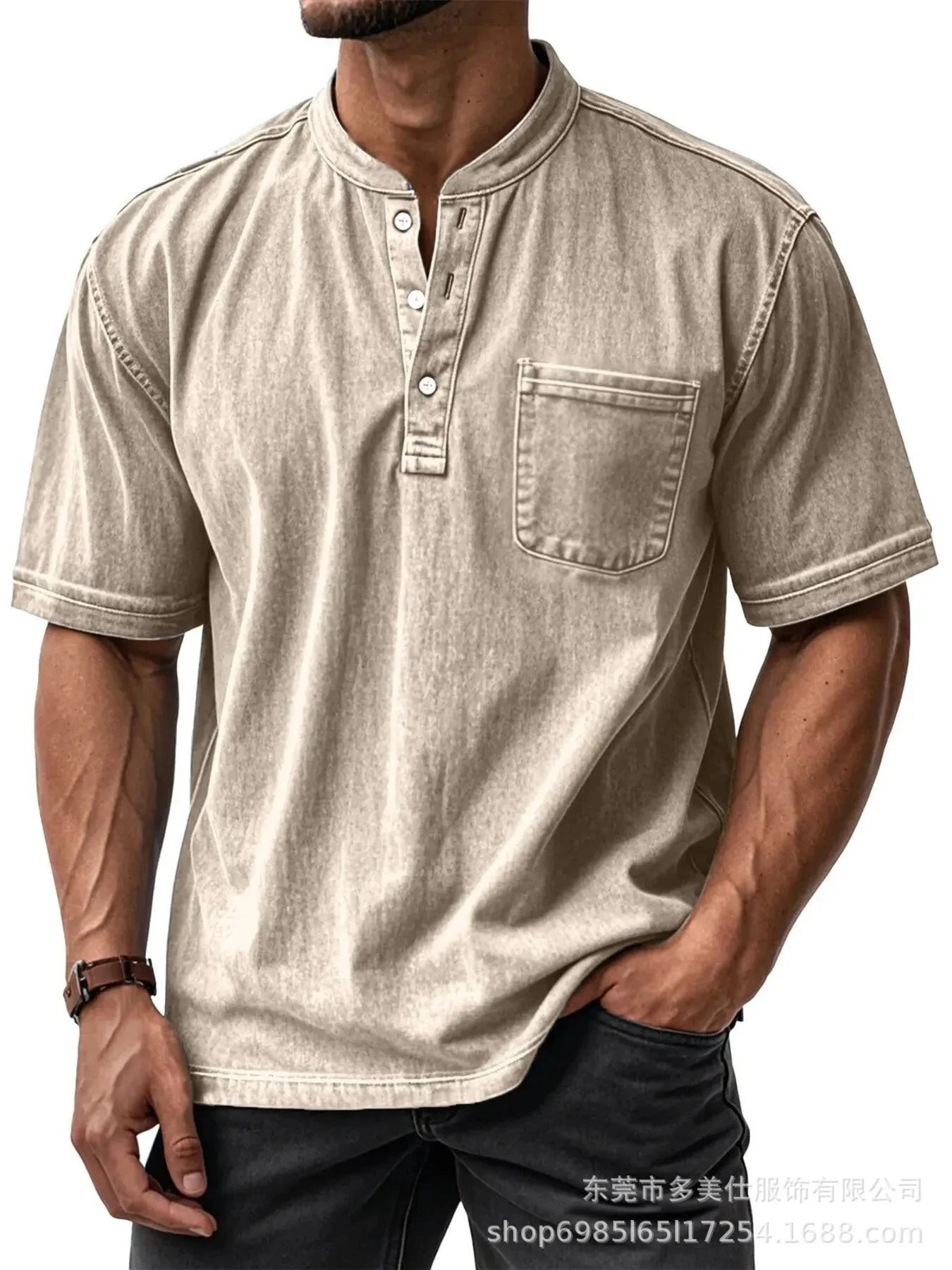 Men's Full Size Button Detail Short Sleeve Top Plus Size Khaki / S