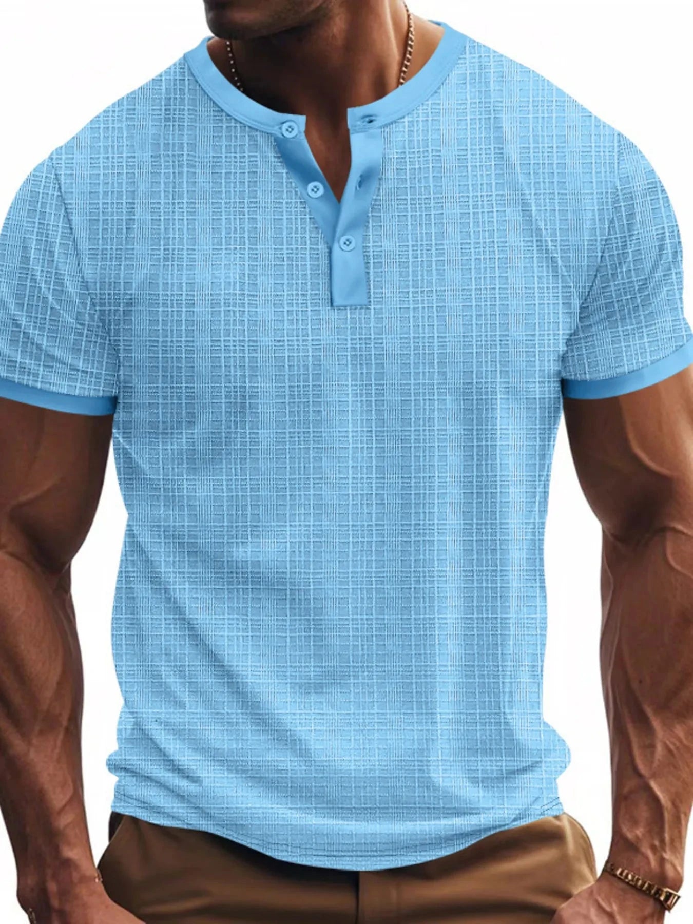 Men's Full Size Button Detail Short Sleeve Top Plus Size Light Blue / S