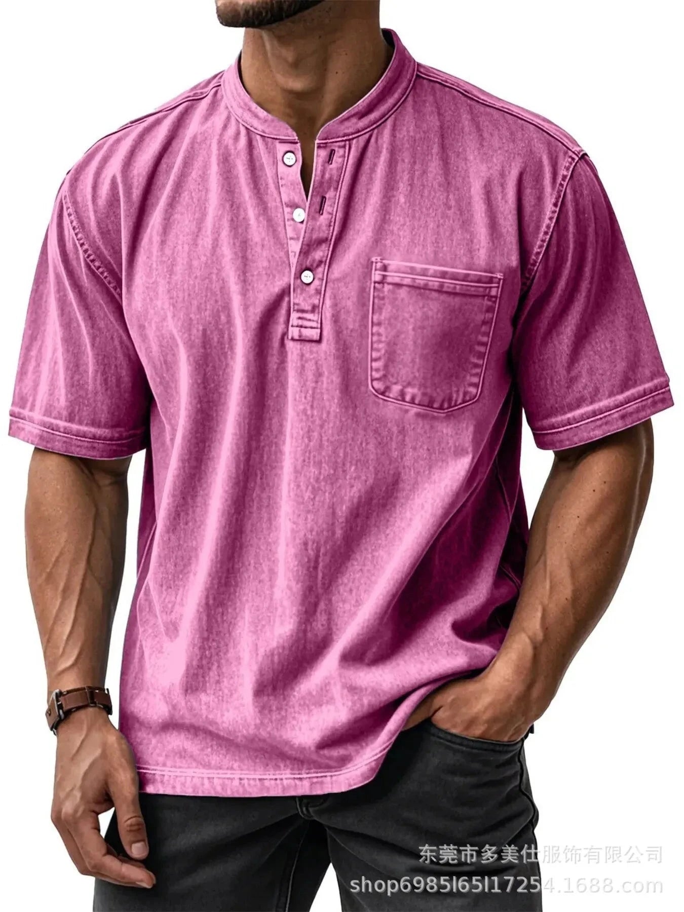 Men's Full Size Button Detail Short Sleeve Top Plus Size Pink / S
