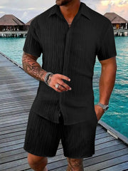 Men's Full Size Button Down Short Sleeve Shirt and Shorts Set Plus Size Black / S