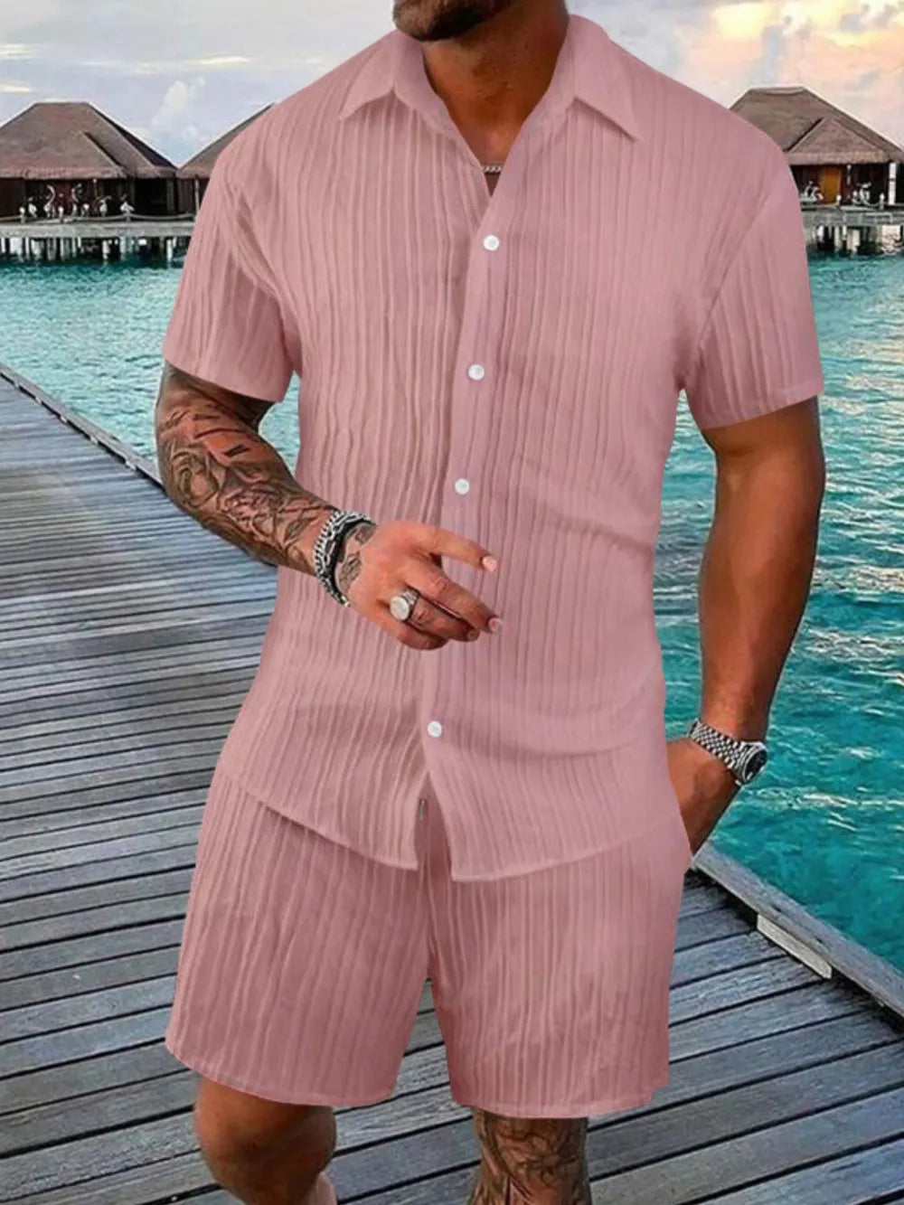 Men's Full Size Button Down Short Sleeve Shirt and Shorts Set Plus Size Dusty Pink / S