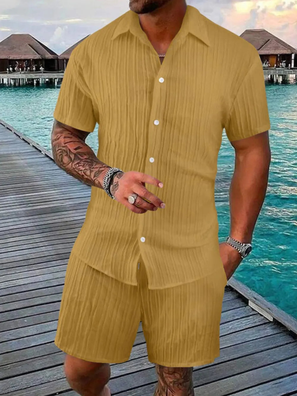 Men's Full Size Button Down Short Sleeve Shirt and Shorts Set Plus Size Gold / S