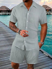 Men's Full Size Button Down Short Sleeve Shirt and Shorts Set Plus Size Gray / S
