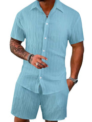 Men's Full Size Button Down Short Sleeve Shirt and Shorts Set Plus Size Pastel Blue / S