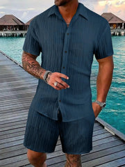 Men's Full Size Button Down Short Sleeve Shirt and Shorts Set Plus Size Peacock Blue / S