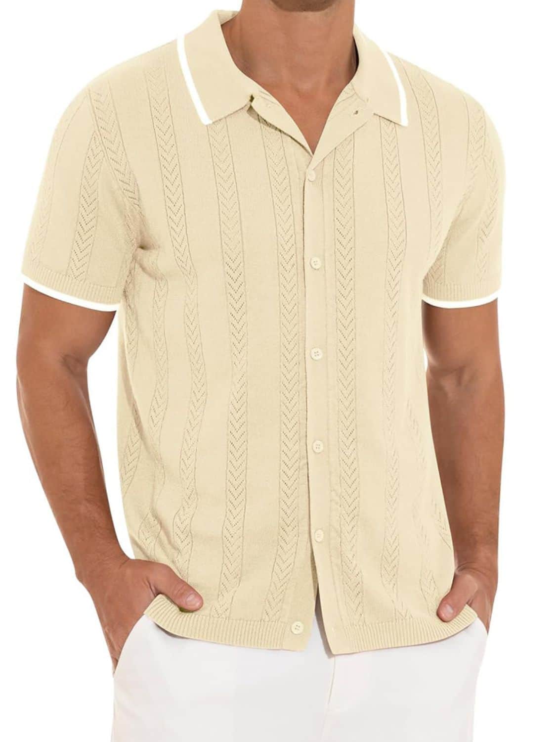 Men's Full Size Button Down Short Sleeve Shirt Plus Size Beige / L