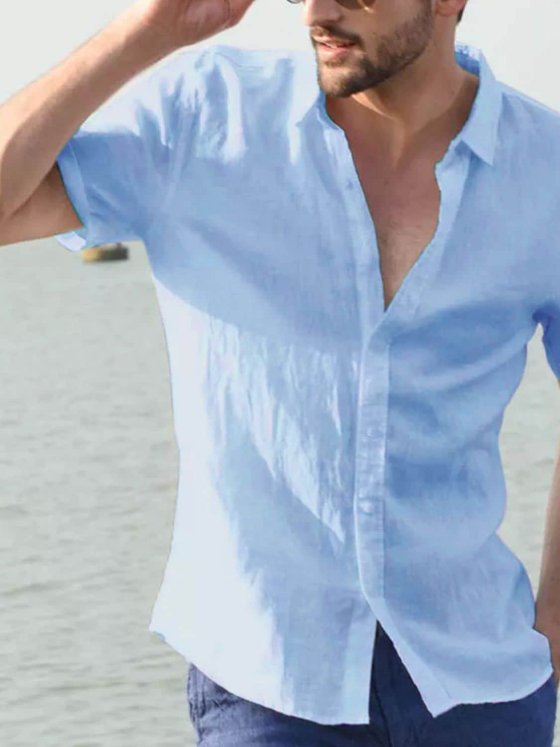 Men's Full Size Button Down Short Sleeve Shirt Plus Size Light Blue / S