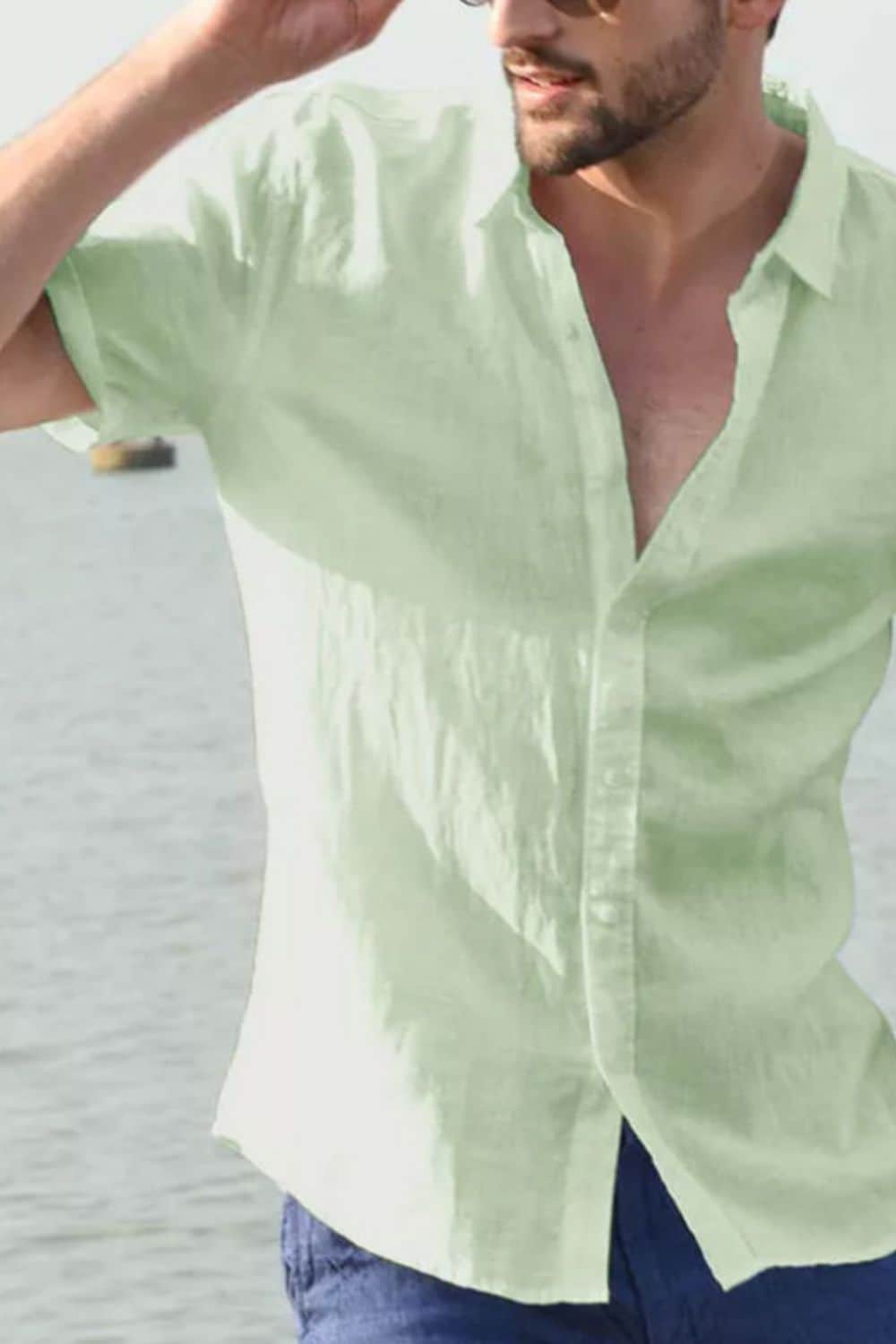 Men's Full Size Button Down Short Sleeve Shirt Plus Size Light Green / S