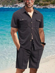 Men's Full Size Button Down Short Sleeve Top and Shorts Set Plus Size Black / S