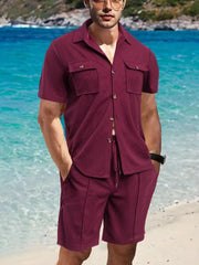 Men's Full Size Button Down Short Sleeve Top and Shorts Set Plus Size Burgundy / S