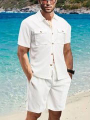 Men's Full Size Button Down Short Sleeve Top and Shorts Set Plus Size White / S