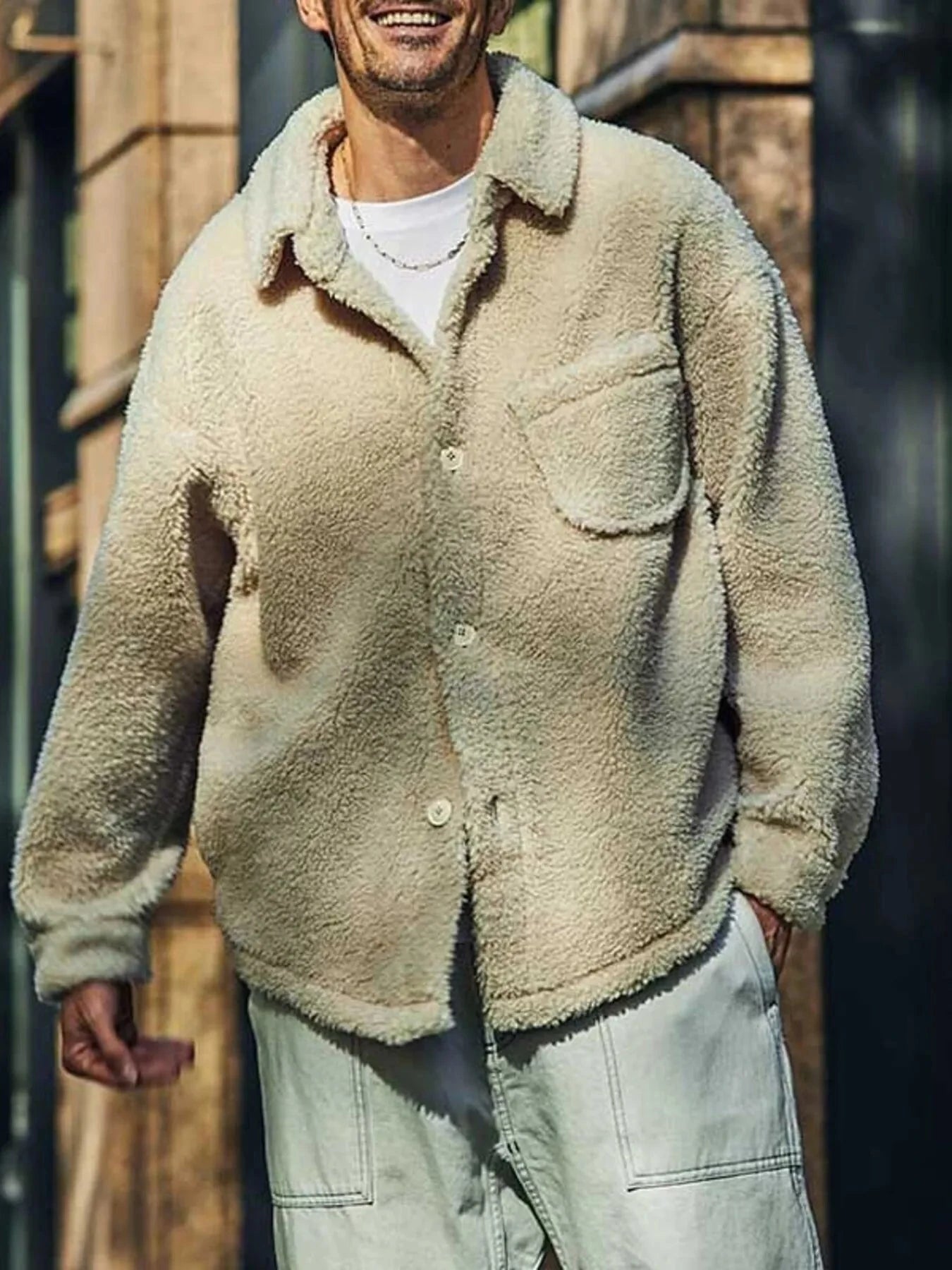 Men's Full Size Button Up Drop Shoulder Sherpa Jacket Plus Size Ivory White / S