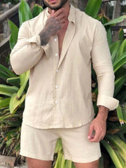 Men's Full Size Button Up Long Sleeve Shirt and Shorts Set Plus Size