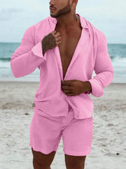 Men's Full Size Button Up Long Sleeve Shirt and Shorts Set Plus Size