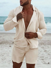 Men's Full Size Button Up Long Sleeve Shirt and Shorts Set Plus Size Apricot / S